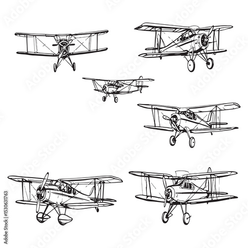 retro biplane flying machine hand drawn vector illustration