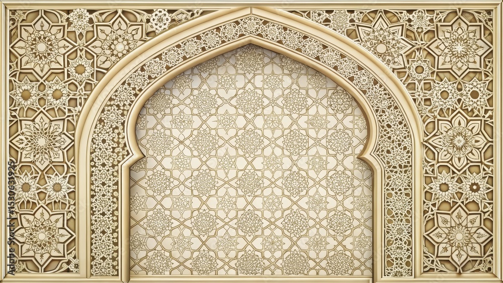 Ancient Islamic geometric patterns with intricate arches and floral motifs on a cream-colored background Ancient Islamic geometric patterns with intricate arches and floral motifs on a cream-colored background