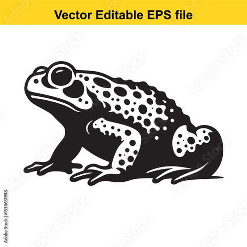 A black and white vector illustration of a frog, featuring a detailed design and editable EPS file format.