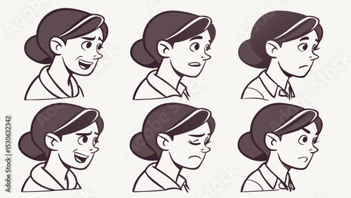 Illustration showing six different facial expressions of a woman with a bun and collared shirt, side view