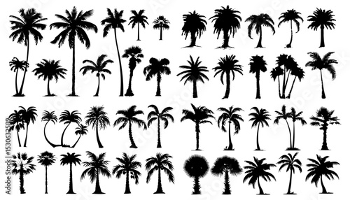 Palm tree silhouettes vector collection with tropical coconut palms and exotic tree shapes for summer design