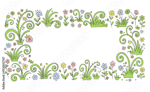 Delightful Floral Frame Design featuring Spring Flowers and Grass perfect for invitations cards and branding projects