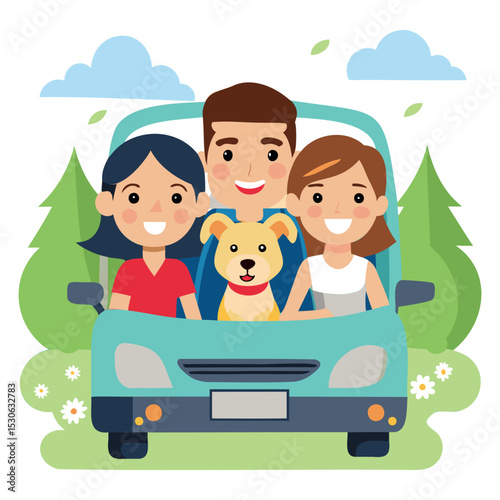 Happy Family Traveling by Car with Child and Dog – Vector Illustration