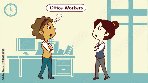 Two cartoon office workers standing with arms crossed looking concerned in an office with a clock and window