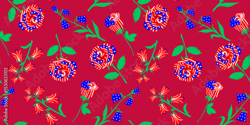 retro seamless pattern with patriotic roses flowers bells in usa flag colors on dark red for fourth of july celebration