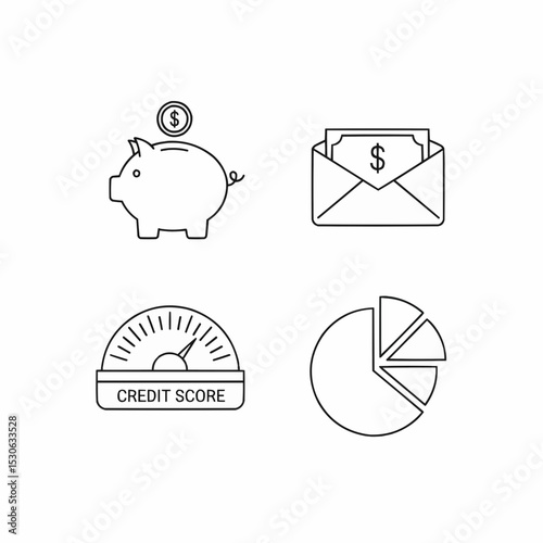 Collection of Financial Icons Including Savings, Budgeting, and Credit Management Concepts

