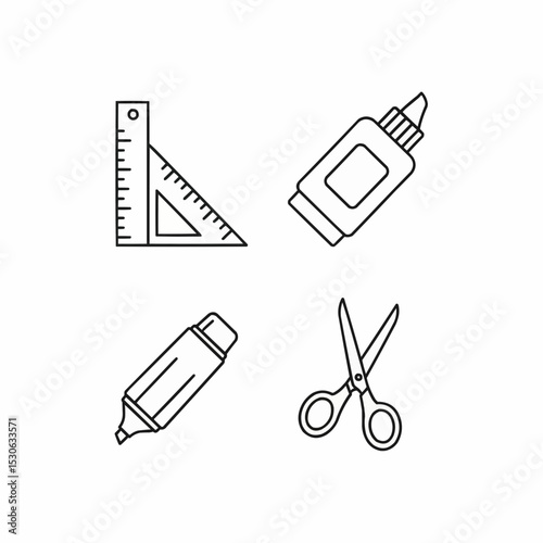 Set of Outline Icons for School and Office Supplies Essentials