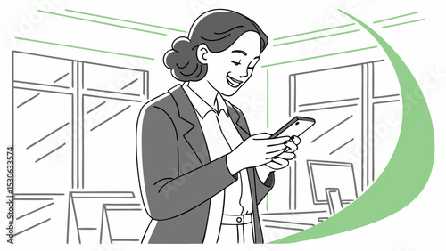 Illustration of a smiling woman in a business suit looking at her phone in an office setting indoors