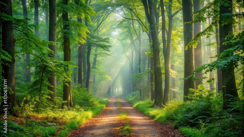 Fototapeta premium Forest Path Under Early Morning Mist
