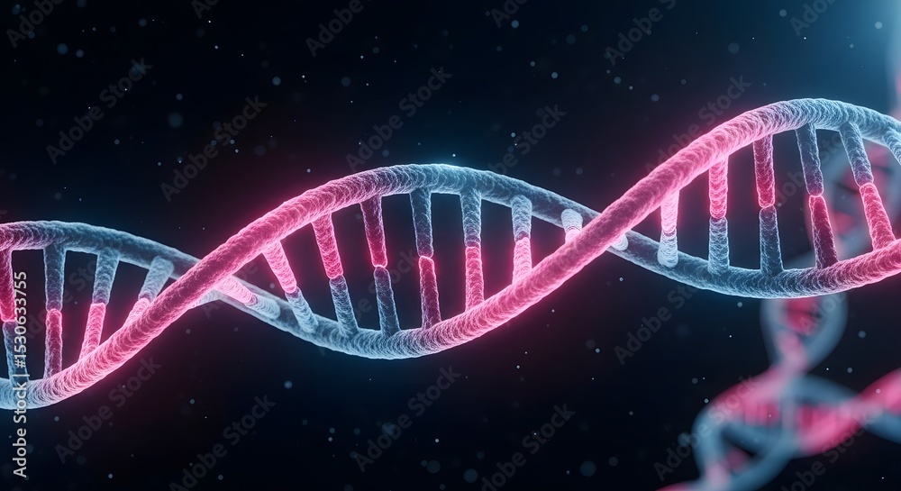 Fototapeta premium Glowing Neon Pink and Blue DNA Double Helix: Scientific Medical Genetic Abstract Background