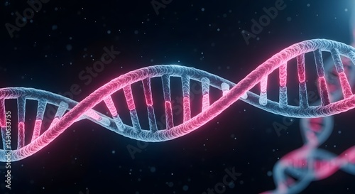 Glowing Neon Pink and Blue DNA Double Helix: Scientific Medical Genetic Abstract Background