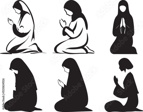 Silhouettes of Women in Prayer – Peaceful Worship Illustration Set