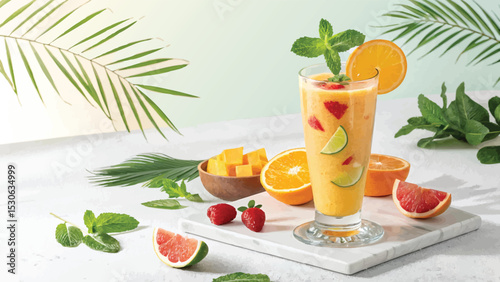 Freshly squeezed orange juice in a glass with a mix of healthy, ripe tropical fruits