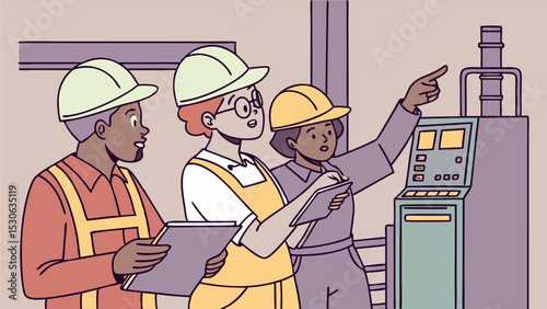 Three factory workers in hard hats inspecting machinery with clipboards and pointing at the control panel