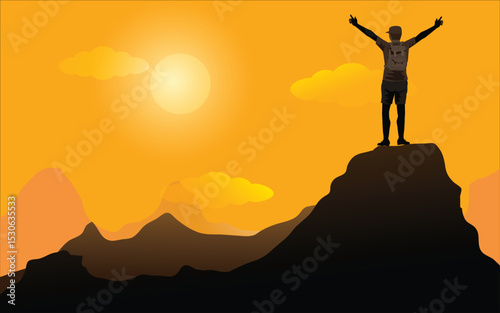 Hiker with arms up standing on the top of the mountain on sunset background.- Successful man enjoying triumph . vector, illustration