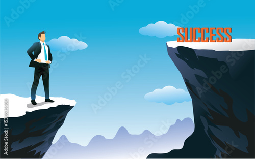 businessman standing at the top  big rock and looking at success text on top mountain. vector, illustration