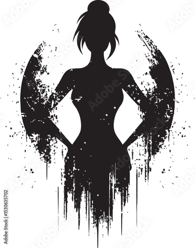  An artistic black silhouette of a confident woman with splattered paint effects, highlighting creativity and independence