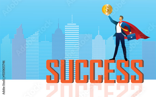 Businessman holding dollar coin on top success . business growth. chart shows a strong increase in the price of dollar coin. vector .illustration