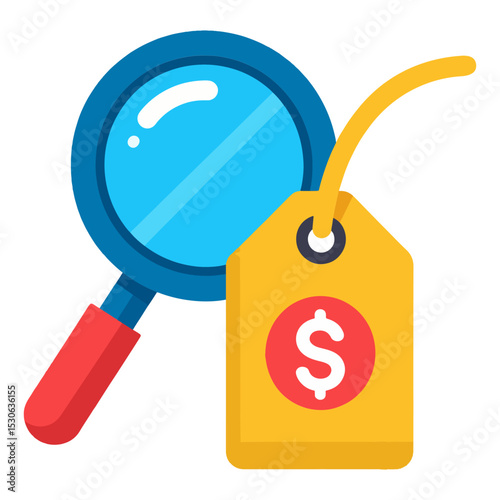 A magnifying glass rests beside a yellow price tag bearing a dollar sign