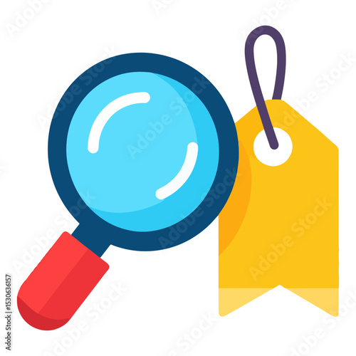 A cartoon magnifying glass with a red handle and a blue lens alongside a yellow price tag with a purple string