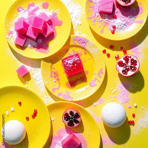Top view of vibrant pink desserts on yellow plates