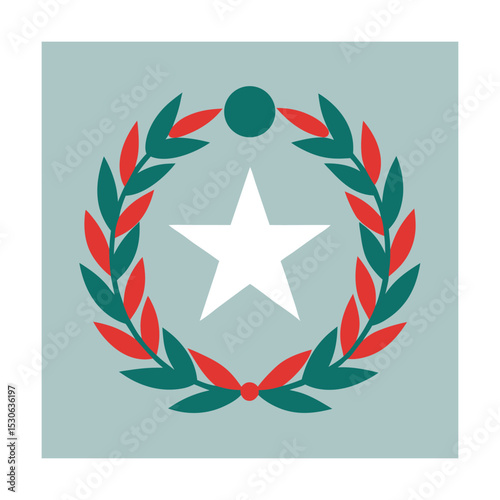 Stylized star design enclosed by a wreath of green and red leaves on a blue background