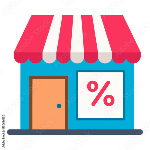 Cartoon store with a red and white striped awning blue facade a door and a sign displaying a red percent symbol