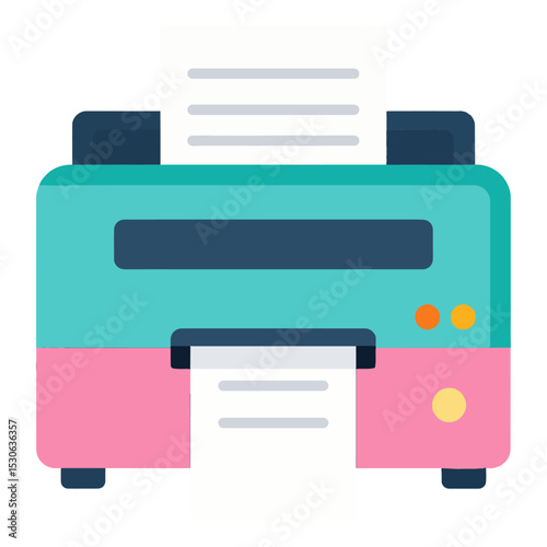 A cartoon illustration of a printer with paper being printed It is blue and pink