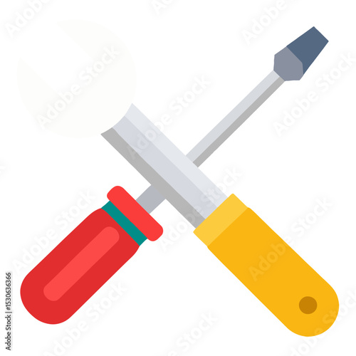 Crossed tools wrench and screwdriver with red  yellow handles gray shafts