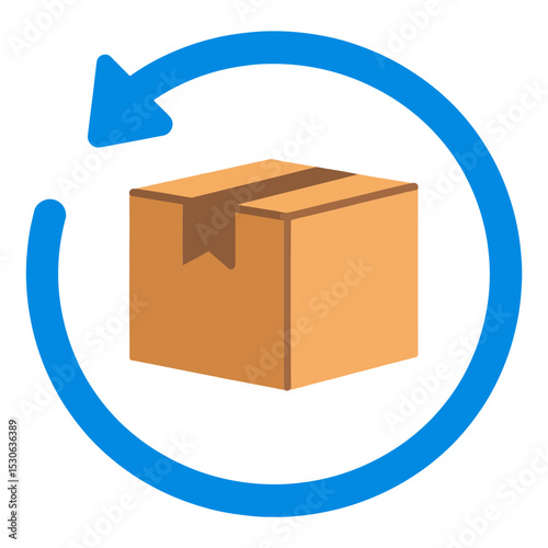 A tan cardboard box with a brown tape seam at the top surrounded by a thick blue circular arrow pointing counterclockwise