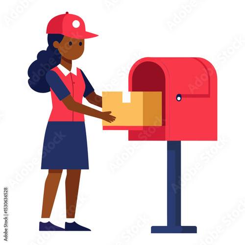 A mail carrier puts a package into a red mailbox