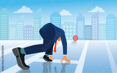 Businessman on starting point and ready to run at the target . Business target and starting career concept. vector, illustration