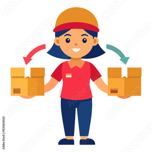 A cartoon delivery person holding two boxes each with an arrow pointing downwards