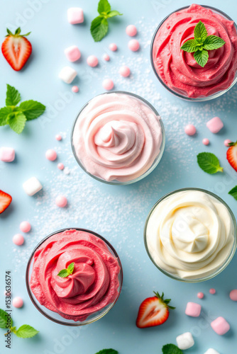 Strawberry whipped desserts with mint leaves on light background