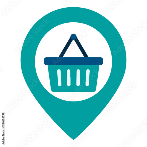 Turquoise map pin displays shopping basket in white circle