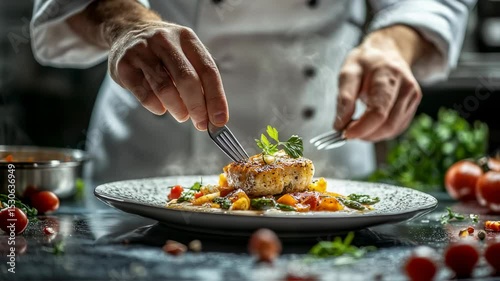 Culinary perfection, chef exquisitely plating a gourmet fish dish creation