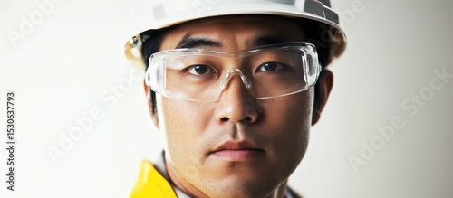 Wallpaper Mural Asian construction worker, hard hat, protective glasses, serious face, strong expression, determined, male portrait, business concept, banner, close-up, industrial worker, professional, confident. Torontodigital.ca