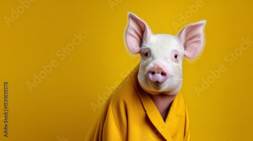 Wallpaper Mural Playful pig wearing a yellow robe, sitting against a vibrant yellow background, showcasing a whimsical and humorous character, blending animal charm with fashion in a creative and artistic composition Torontodigital.ca