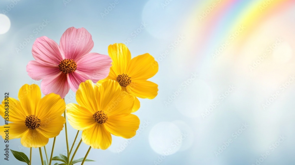 Obraz premium Vibrant pink and yellow flowers against a soft light blue background.