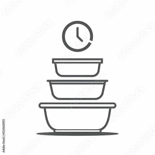 Minimal black and white vector icon of stackable food containers with a clock symbol above, clean line art, efficient cooking lifestyle, no background