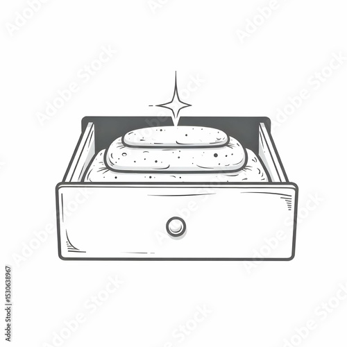Single vector icon in black and white showing an open drawer with neatly arranged items and a sparkle symbol, minimalist organization lifestyle, clean line art, no background