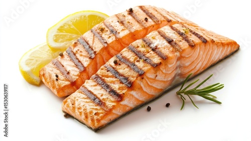Grilled salmon fillets with lemon slices