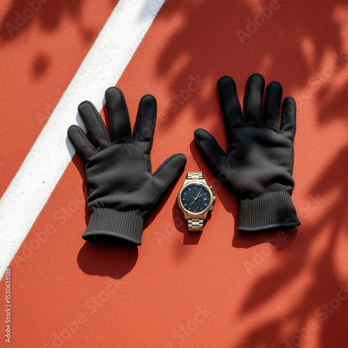 Fashionable gloves and watch on tennis court background
