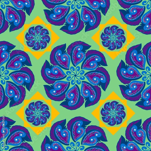  Floral seamless pattern features a circular design of stylized leaves and petals in purple, blue, and magenta. The green background is contrasted with yellow diamonds framing the small flower motifs.