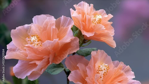Close-up of Three Delicate Peach Colored Hibiscus Flowers with Visible Stamens and Petal Detail on a Blurred Background