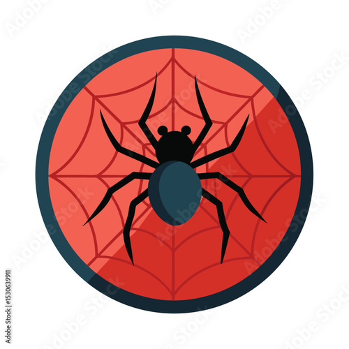 A stylized vector illustration featuring a halloween spider and web in a circular emblem