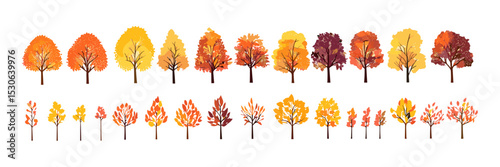 Autumn silhouette tree line drawing set, side view forest outline for architecture and landscape design, fall season elements, vector illustration, nature graphic, minimal line art.