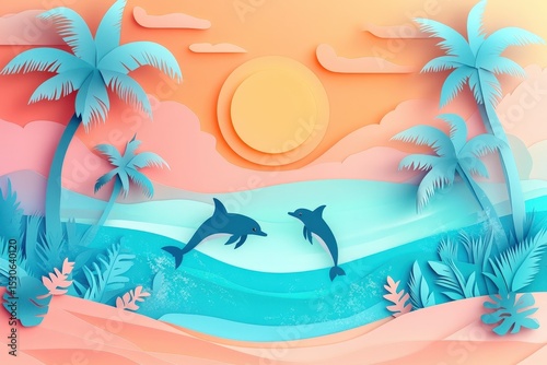 Tropical paradise scene with dolphins and palm trees in paper cut style.
