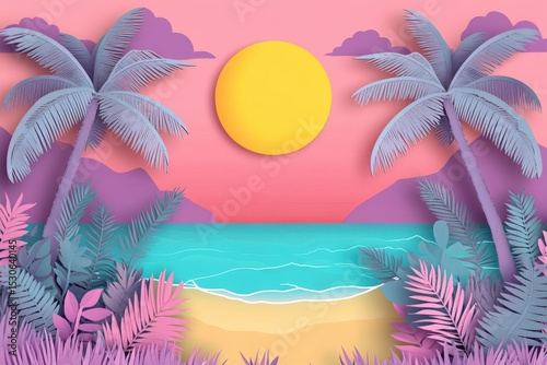 Colorful paper cut tropical beach scene with a vibrant sunset.