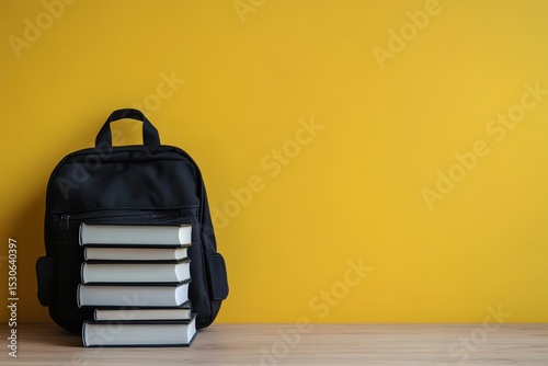 Black backpack with a stack of books.